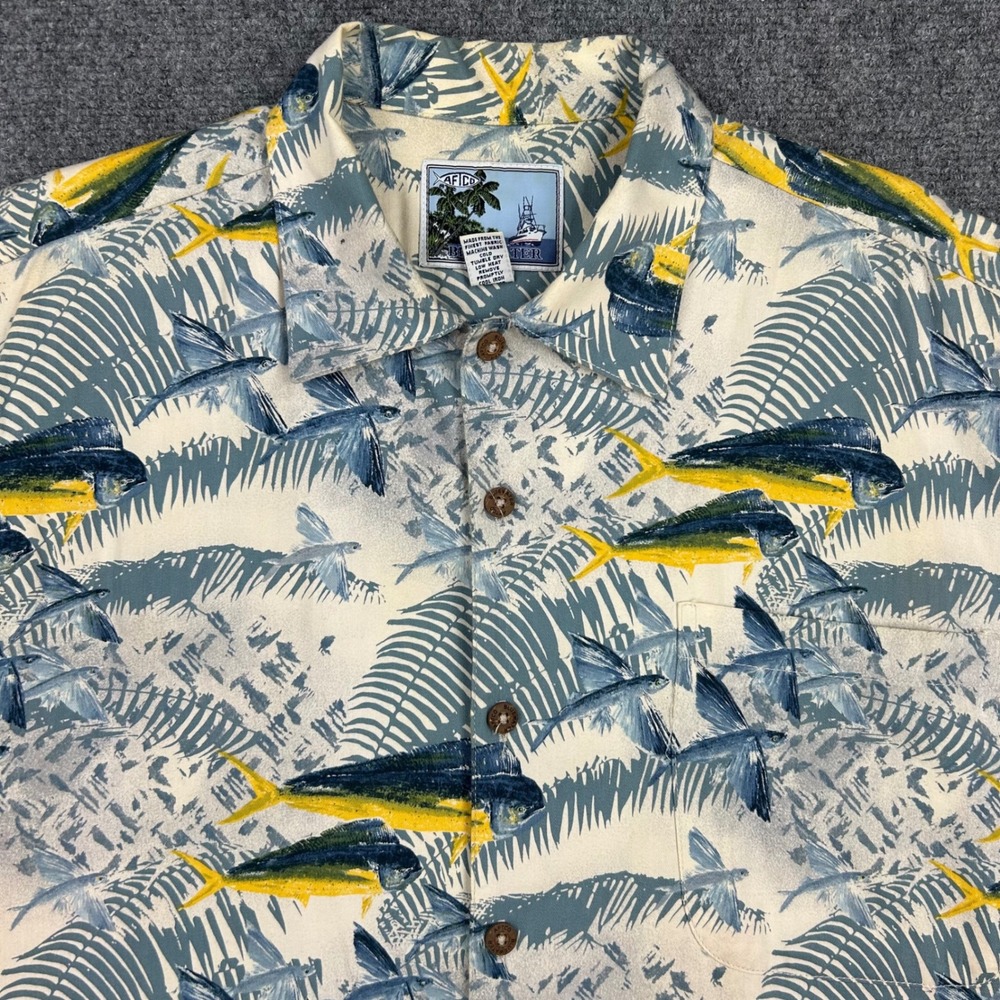 AFTCO Bluewater Hawaiian Shirt Mens L Blue‎ Short Sleeve Button Up USA Made
